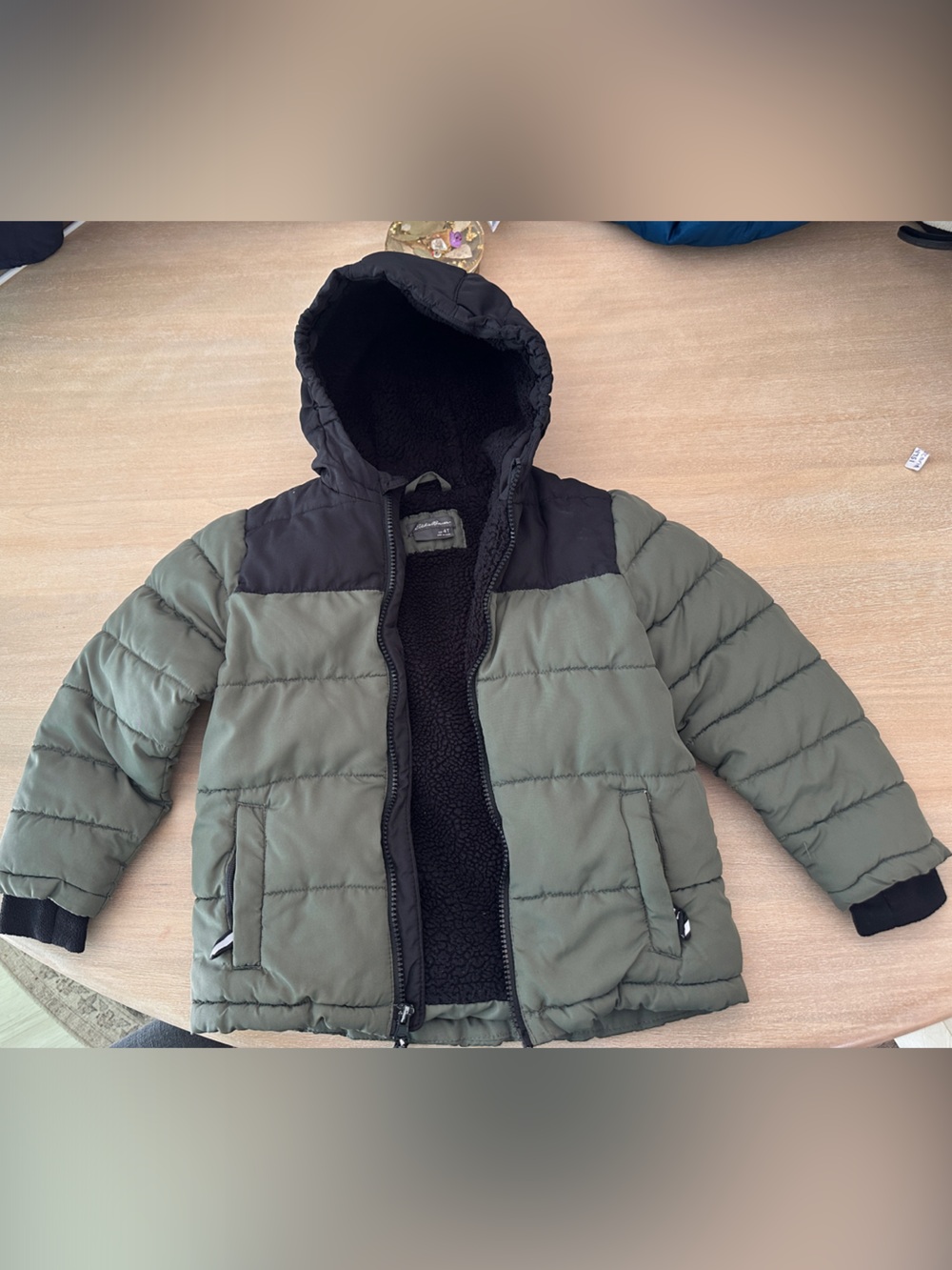 Eddie Bauer Kids Olive and Black Hooded Puffer Jacket